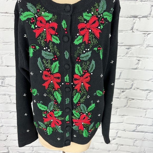 Vtg Christmas Embroidered Bow Cardigan Sweater Lrg Black Beaded Holiday Coquette - Picture 4 of 12